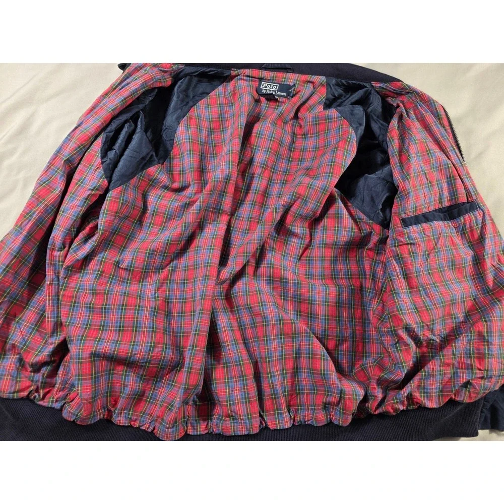 Polo Ralph Lauren Harrington Jacket Mens L Navy Blue Crest Plaid Lined Bomber